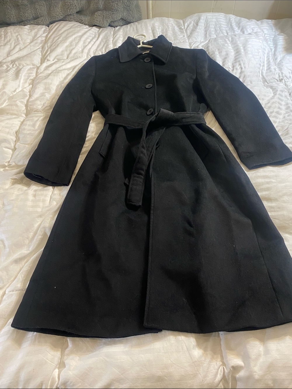 Classic Black Cashmere/Wool Belted Long-Sleeve Dress Coat